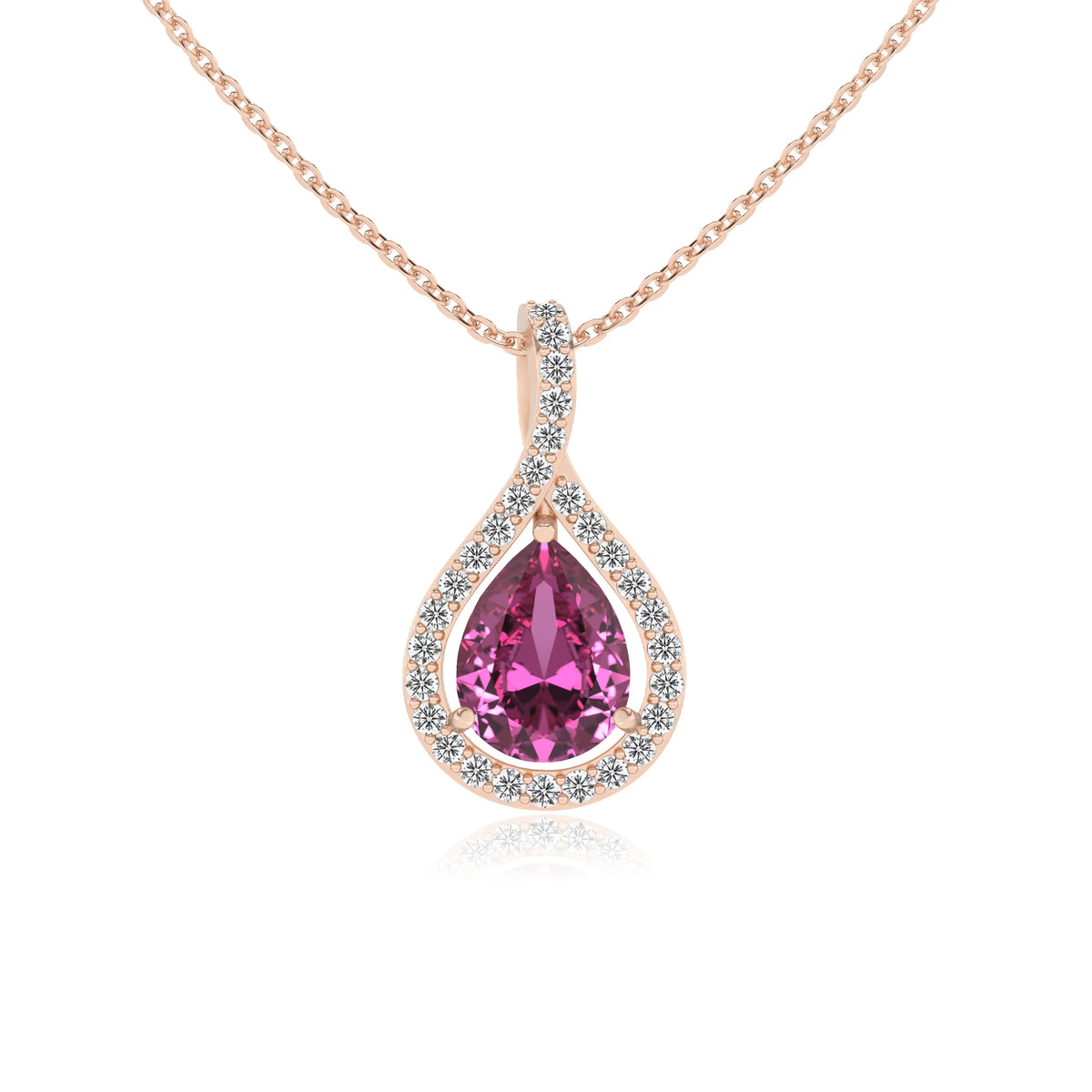 lab grown pink-sapphire pear solitaire necklaces in rose gold 