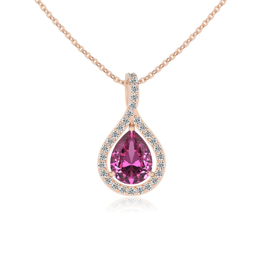 lab grown pink-sapphire pear solitaire necklaces in rose gold 