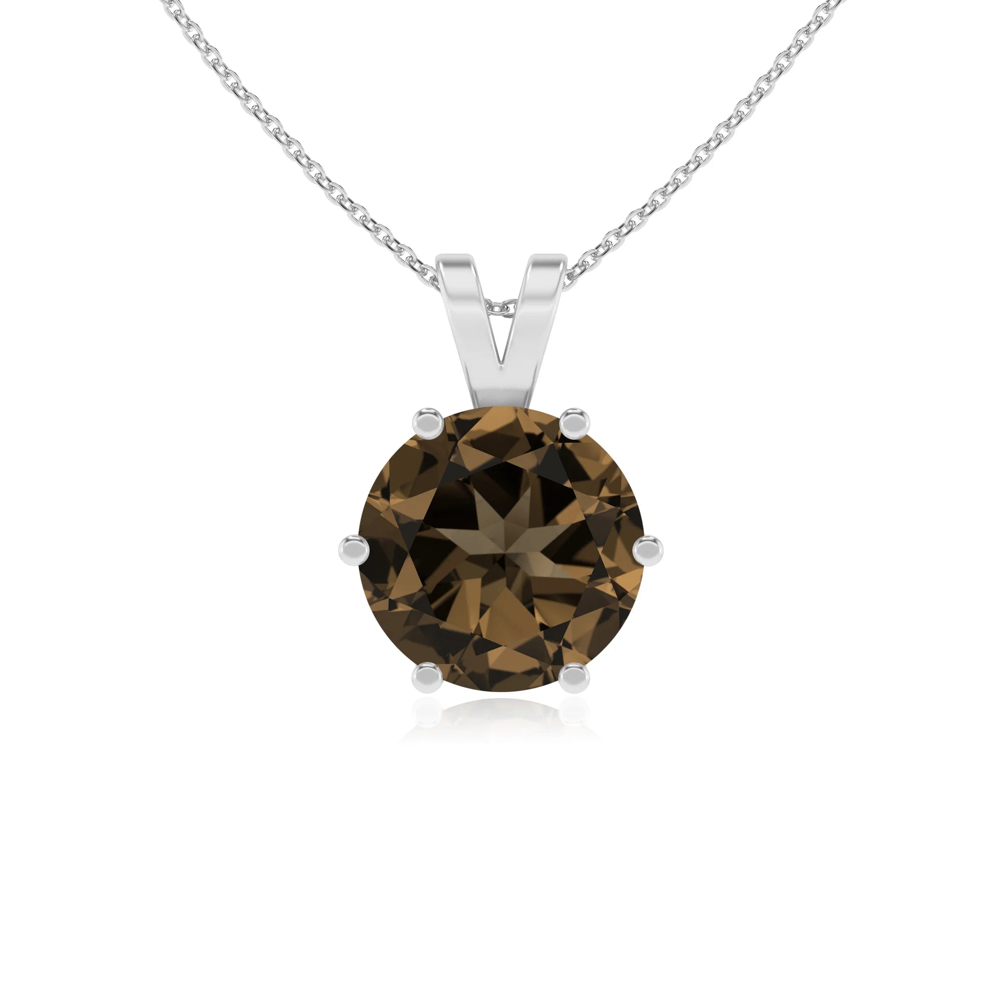 natural smoky-quartz round solitaire v-bale necklaces in platinum 