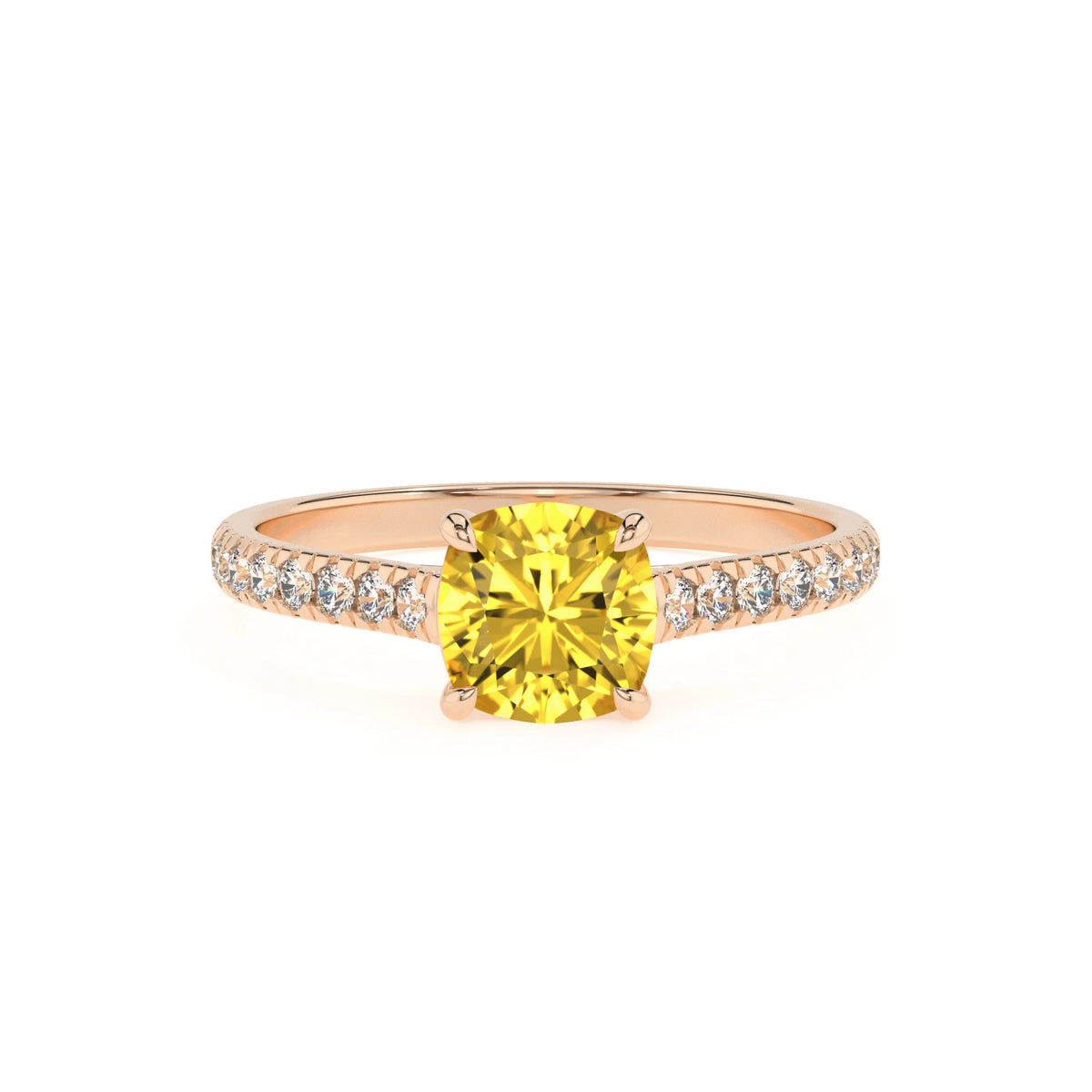 lab grown yellow-sapphire cushion half eternity solitaire engagement rings in rose gold 