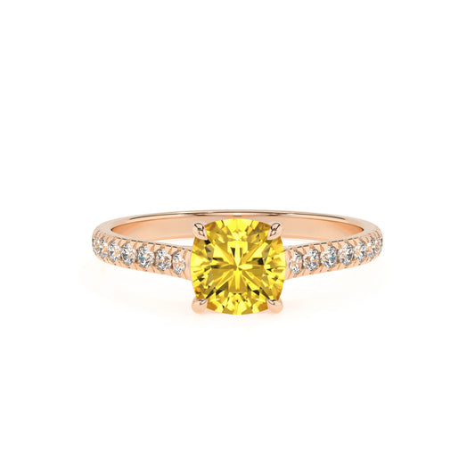 lab grown yellow-sapphire cushion half eternity solitaire engagement rings in rose gold 