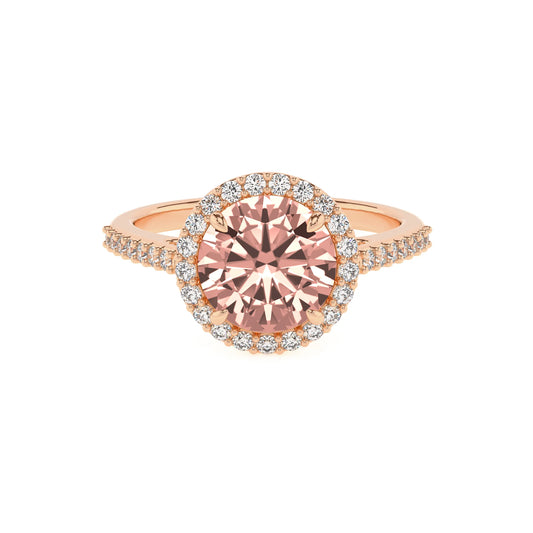 lab grown morganite round solitaire rings in rose gold 