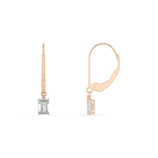 lab grown moissanite emerald cut drop earrings in rose gold 
