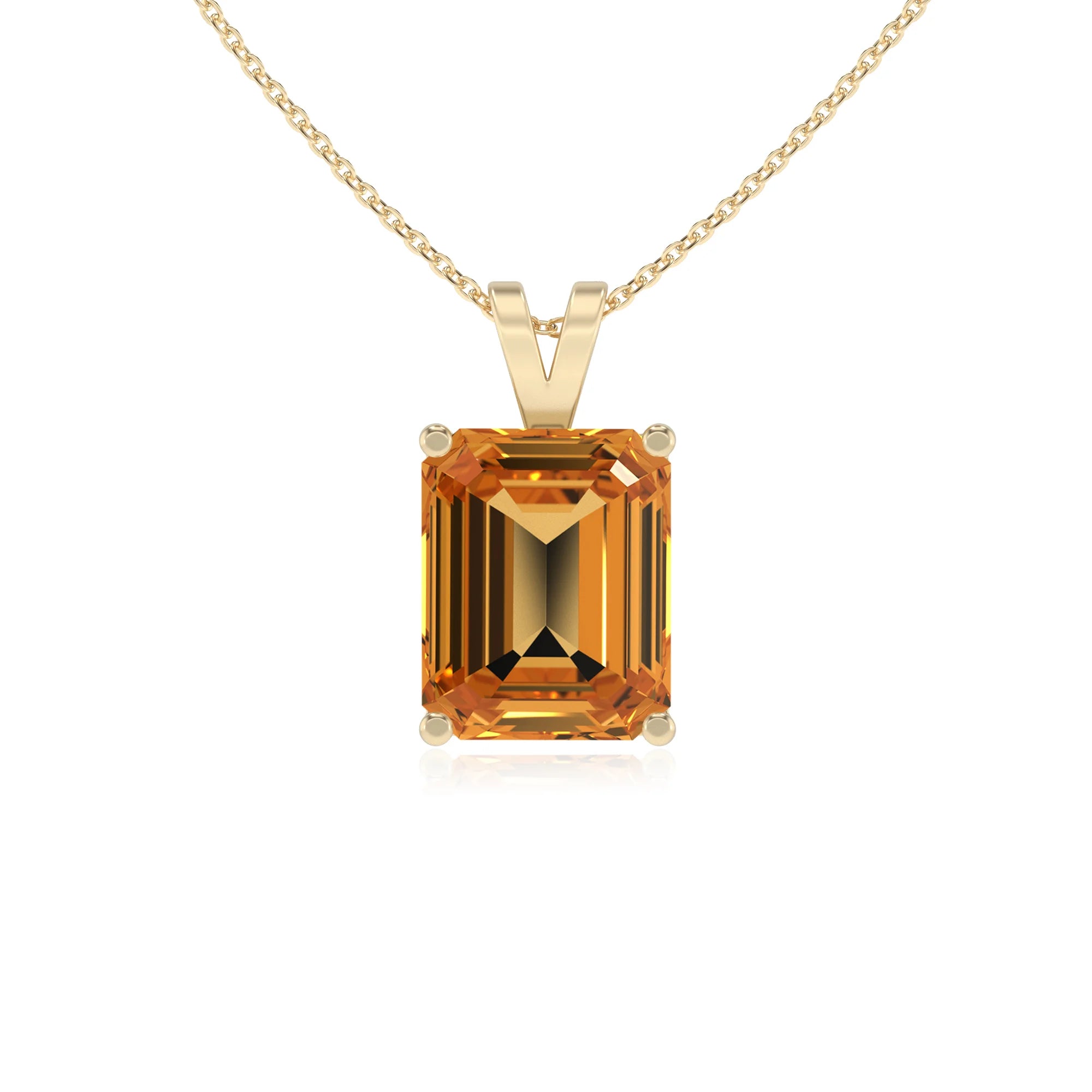 lab grown citrine emerald cut solitaire v-bale necklaces in yellow gold 