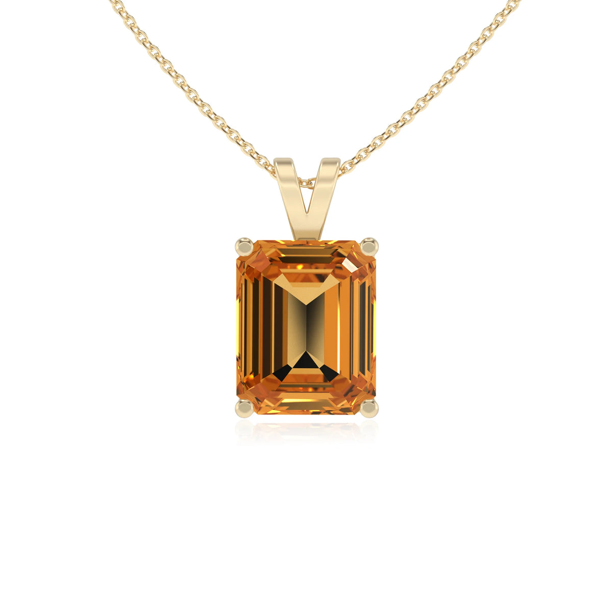 lab grown citrine emerald cut solitaire v-bale necklaces in yellow gold 