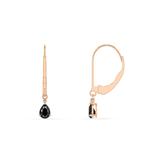 natural black onyx pear drop earrings in rose gold 
