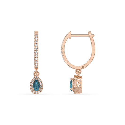 natural london blue topaz pear drop earrings in rose gold 