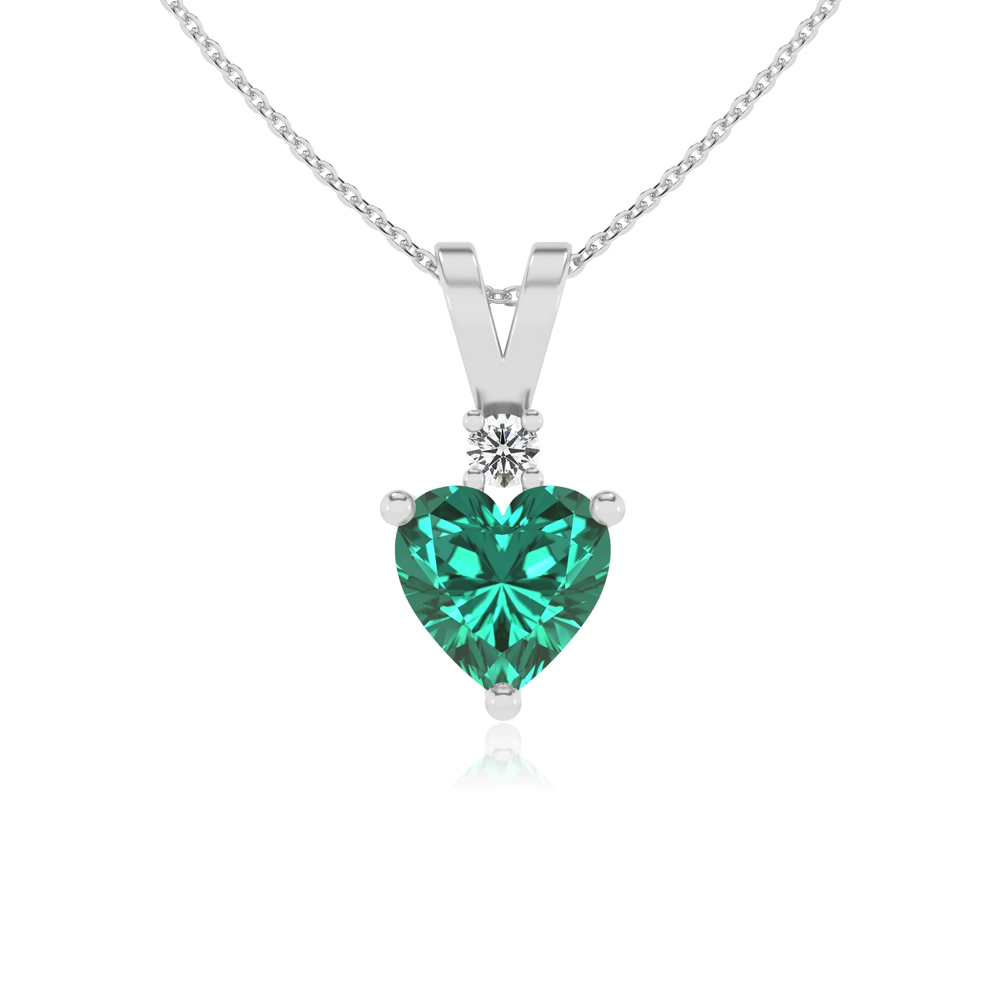 lab grown emerald heart solitaire v-bale necklaces in white gold 