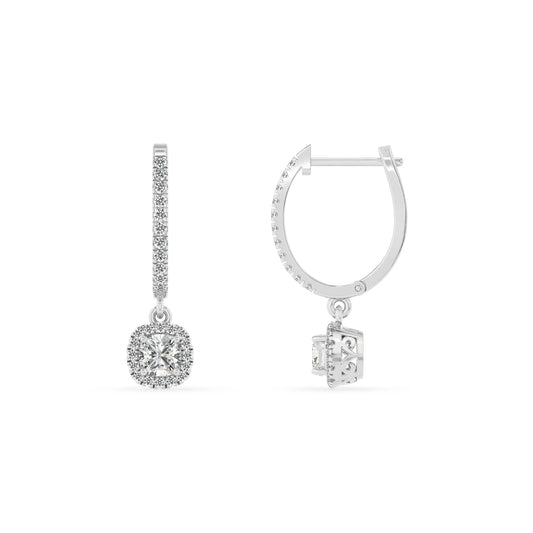 lab grown moissanite cushion drop earrings in white gold 