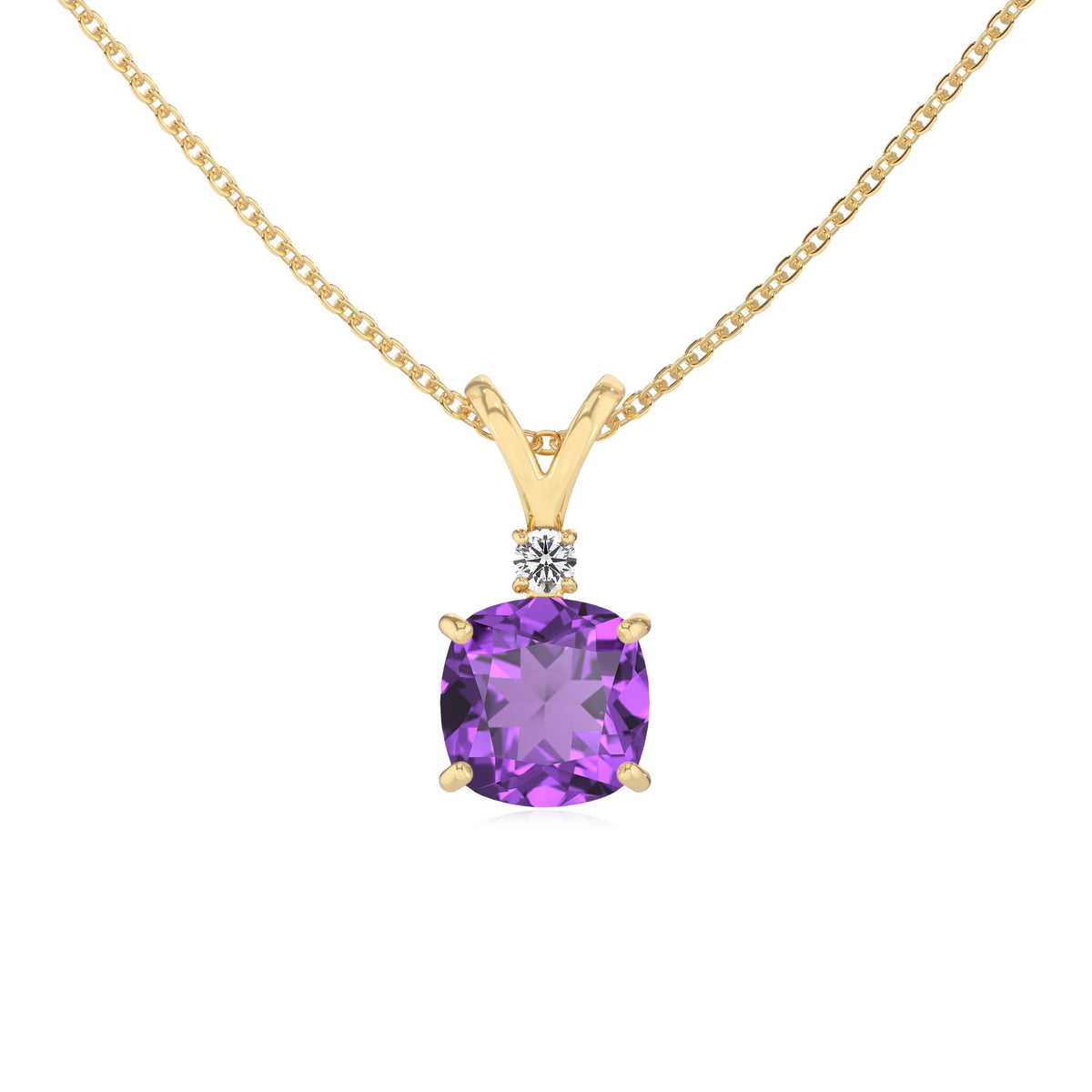 lab grown amethyst cushion solitaire v-bale necklaces in yellow gold 
