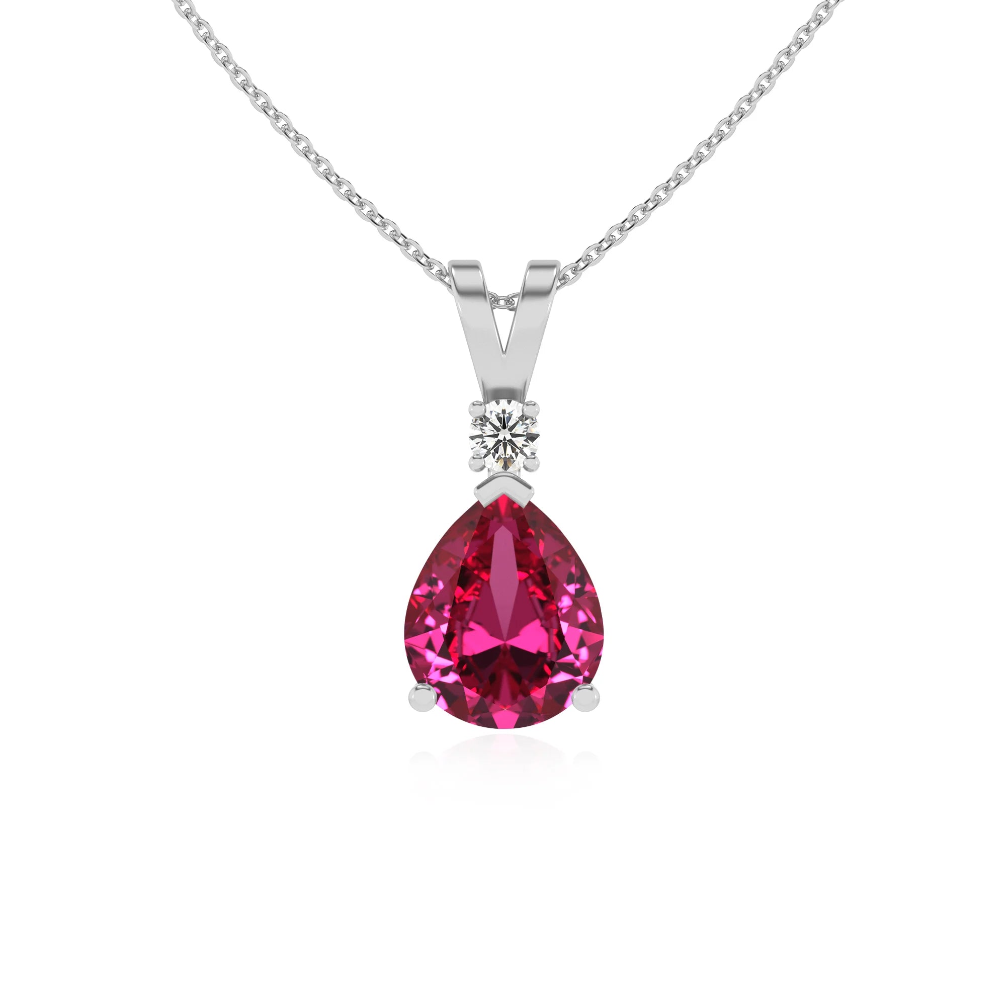lab grown pink-sapphire pear solitaire v-bale necklaces in platinum 