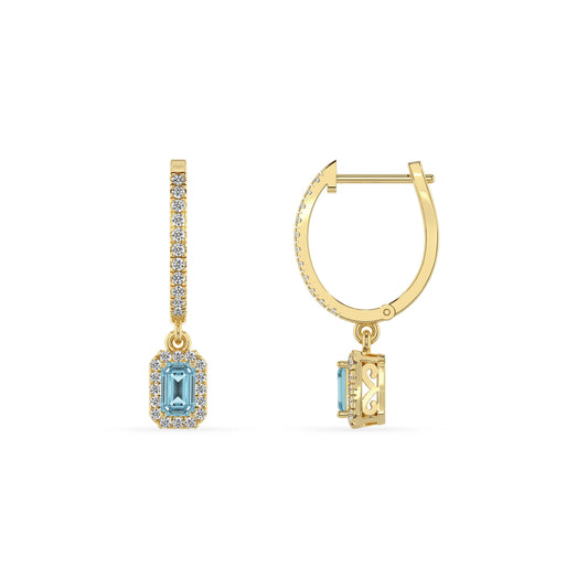lab grown aquamarine emerald cut drop earrings in yellow gold 