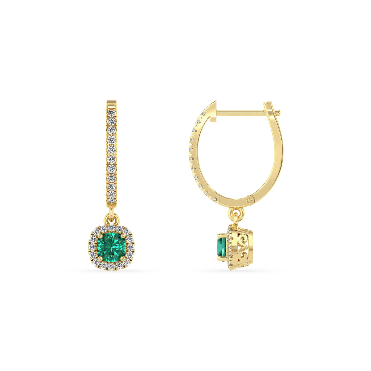 lab grown emerald cushion drop earrings in yellow gold 