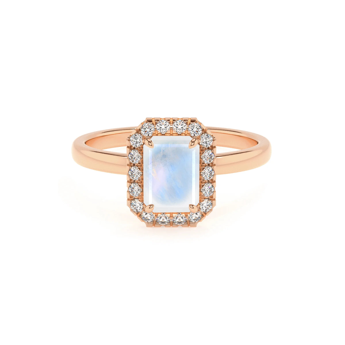 natural rainbow-moonstone emerald cut solitaire rings in rose gold 
