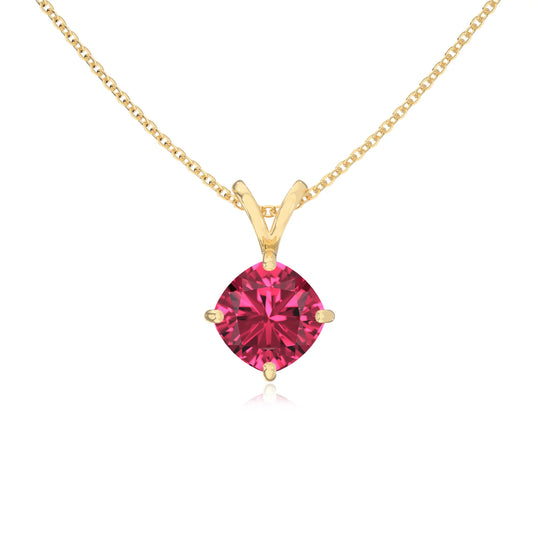 lab grown pink-tourmaline cushion solitaire v-bale necklaces in yellow gold 
