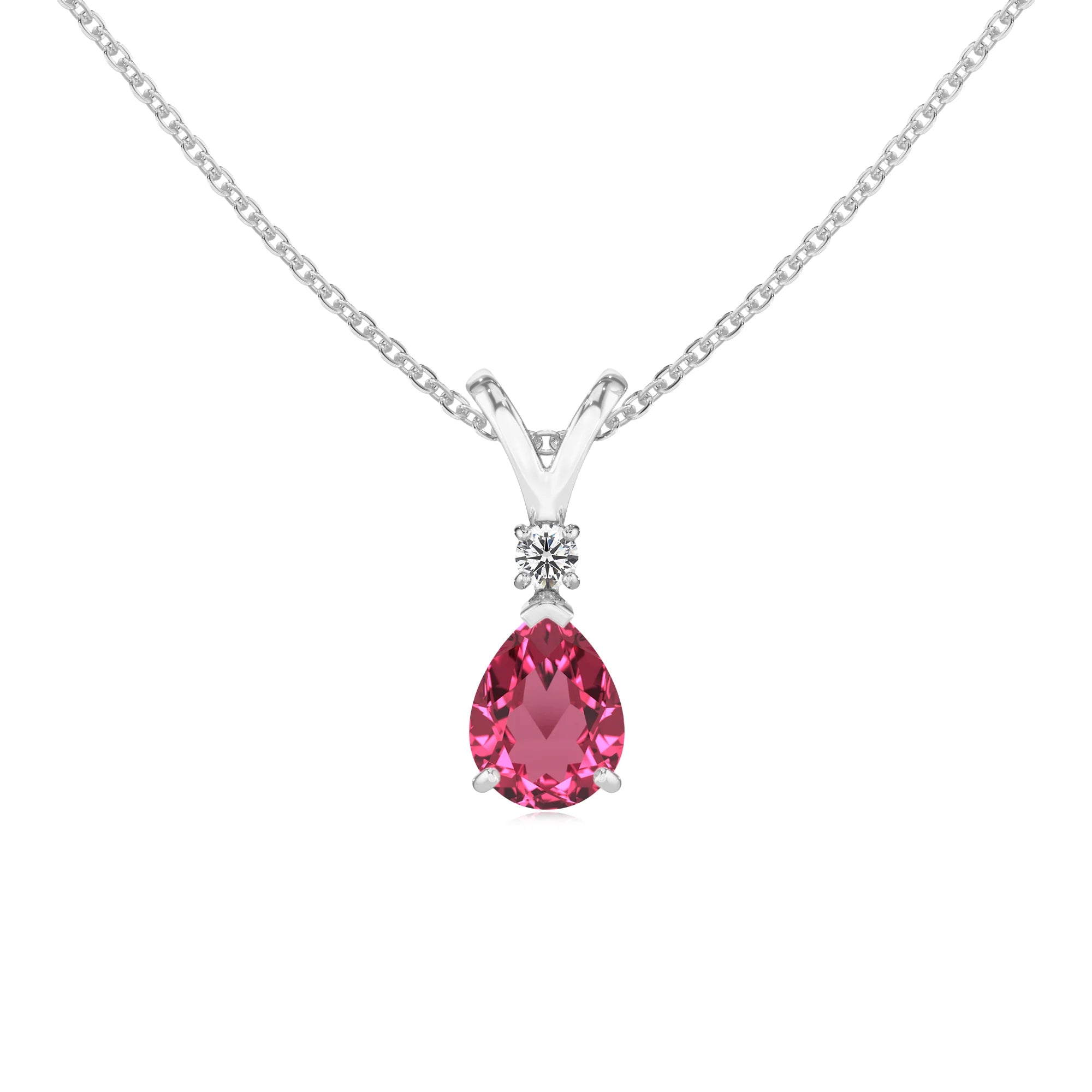 lab grown pink-tourmaline pear solitaire v-bale necklaces in white gold 