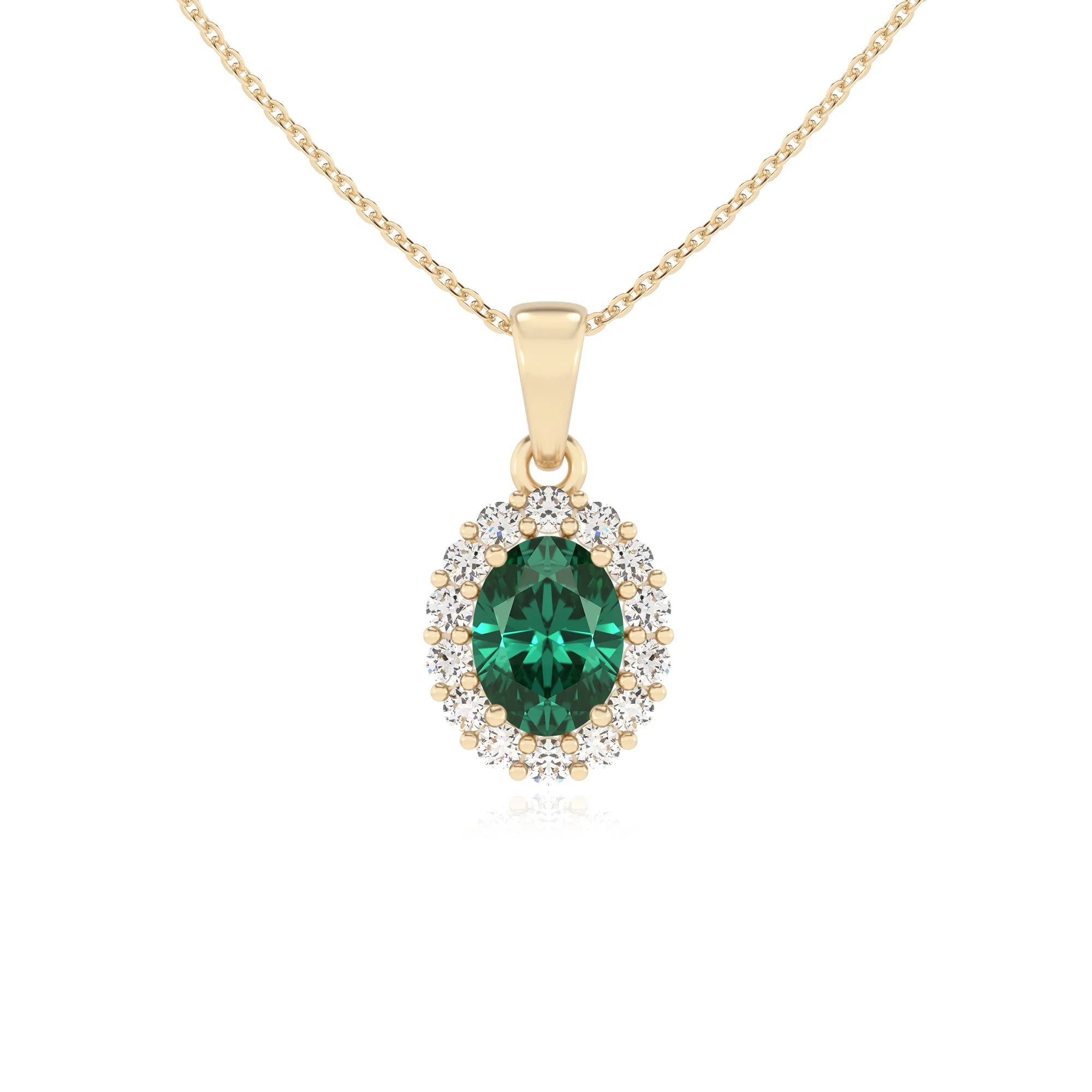 lab grown emerald oval solitaire necklaces in yellow gold 