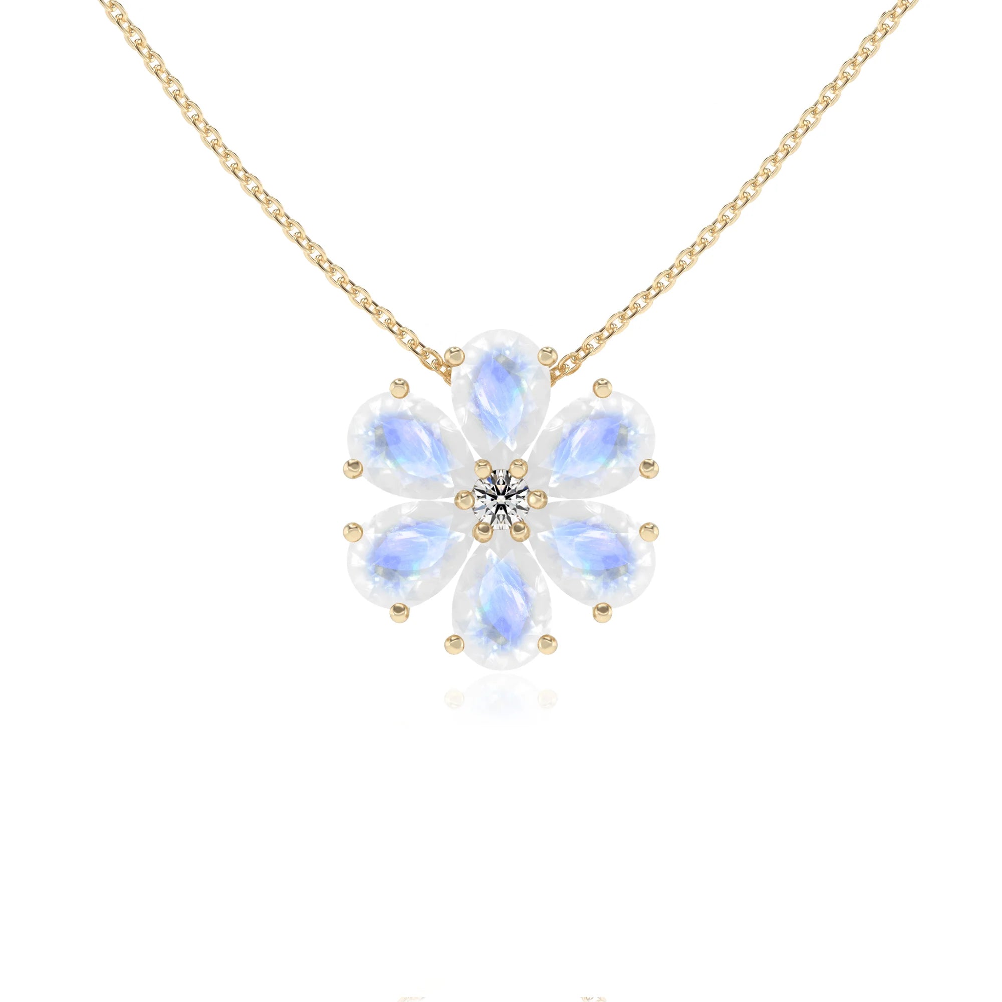 natural rainbow-moonstone pear solitaire necklaces in yellow gold 