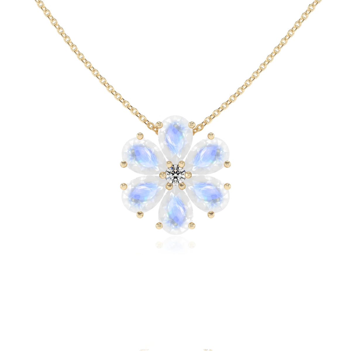 natural rainbow-moonstone pear solitaire necklaces in yellow gold 
