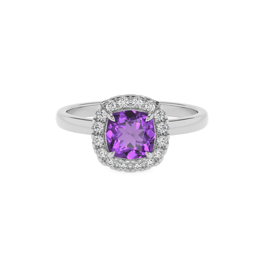 lab grown amethyst cushion solitaire rings in white gold 
