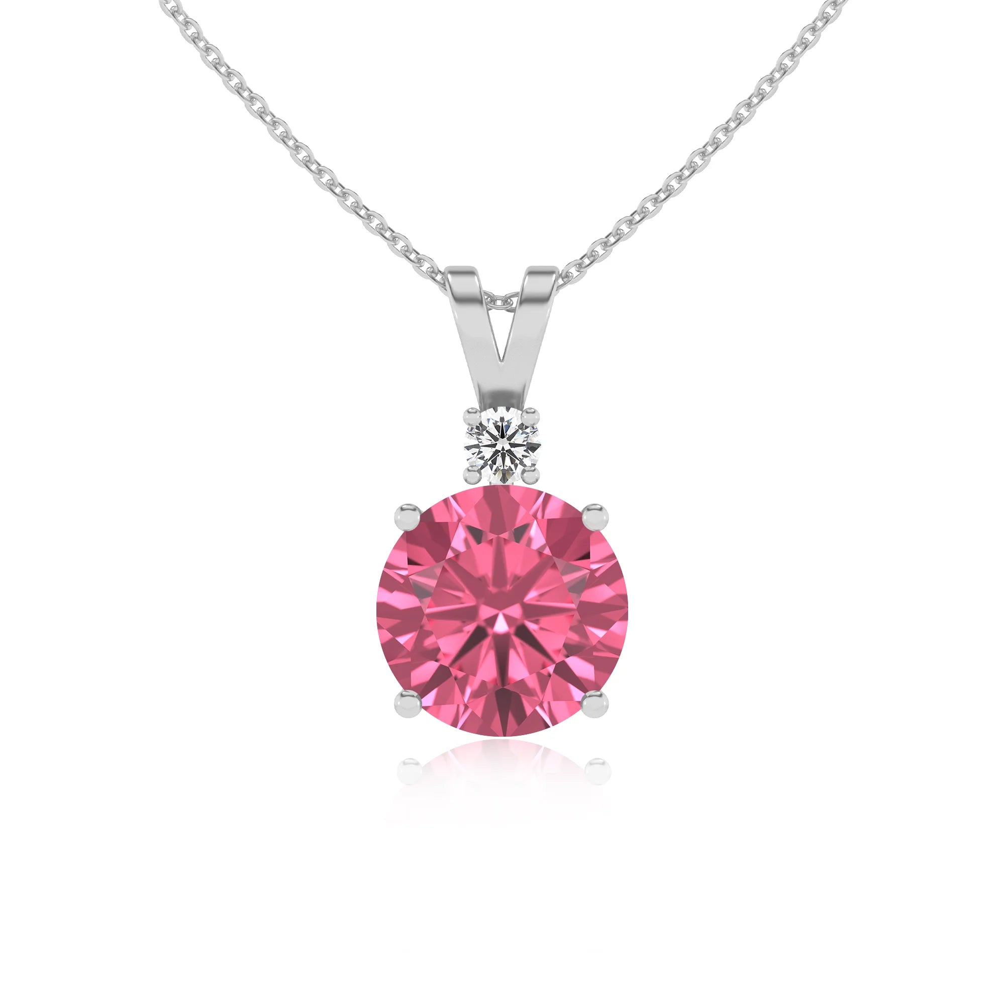 lab grown pink-tourmaline round solitaire v-bale necklaces in sterling silver 