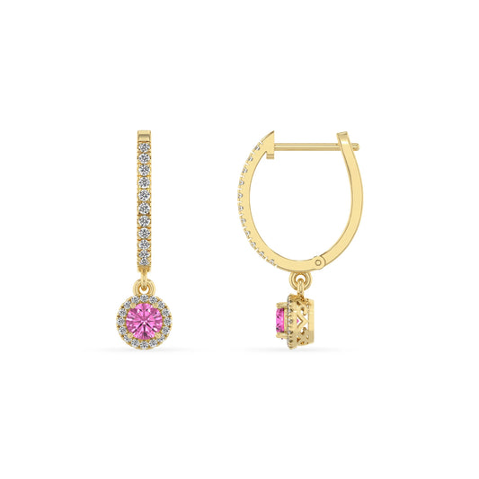lab grown pink sapphire round drop earrings in yellow gold 