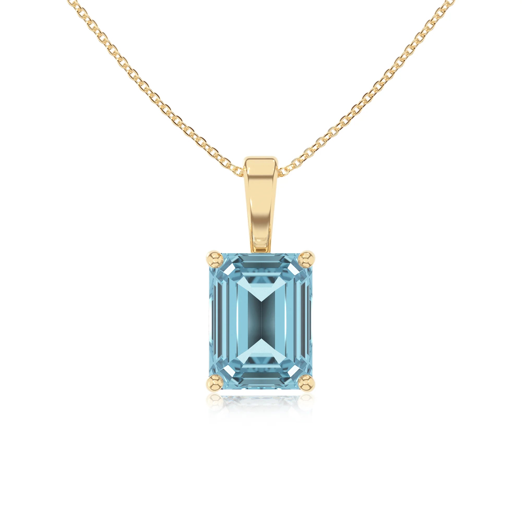 lab grown aquamarine emerald cut solitaire necklaces in yellow gold 