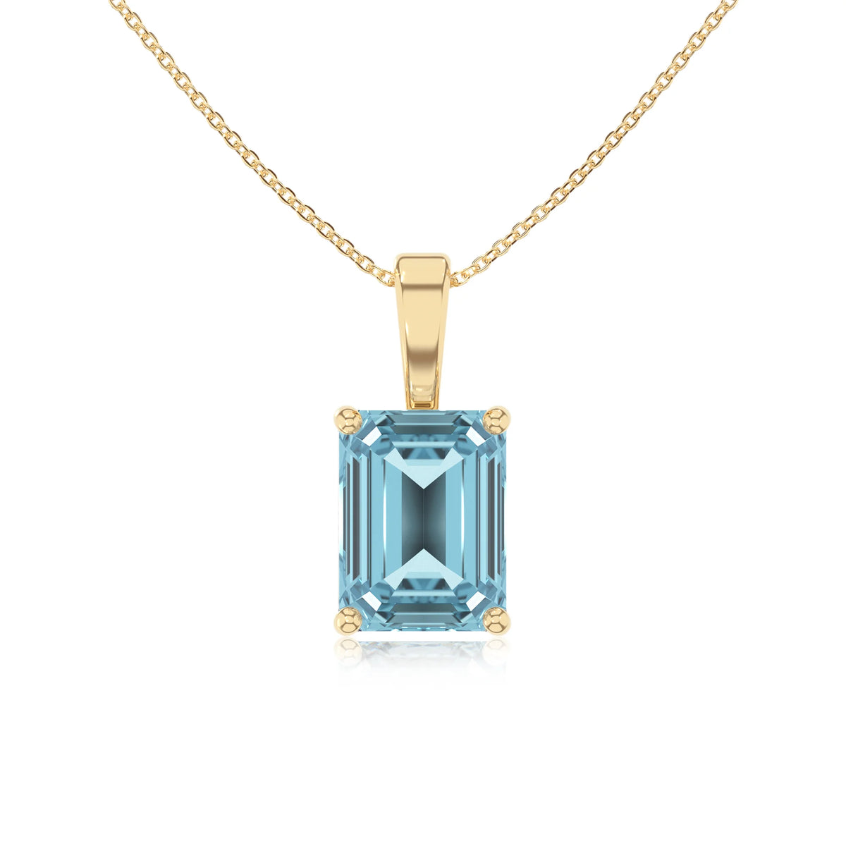 lab grown aquamarine emerald cut solitaire necklaces in yellow gold 