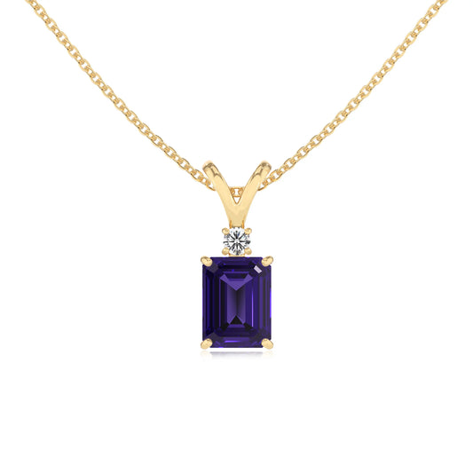lab grown tanzanite emerald cut solitaire v-bale necklaces in yellow gold 