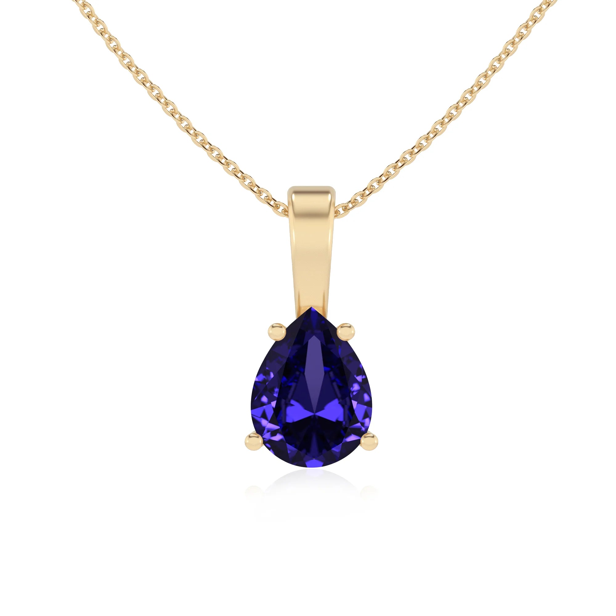 lab grown tanzanite pear solitaire necklaces in yellow gold 