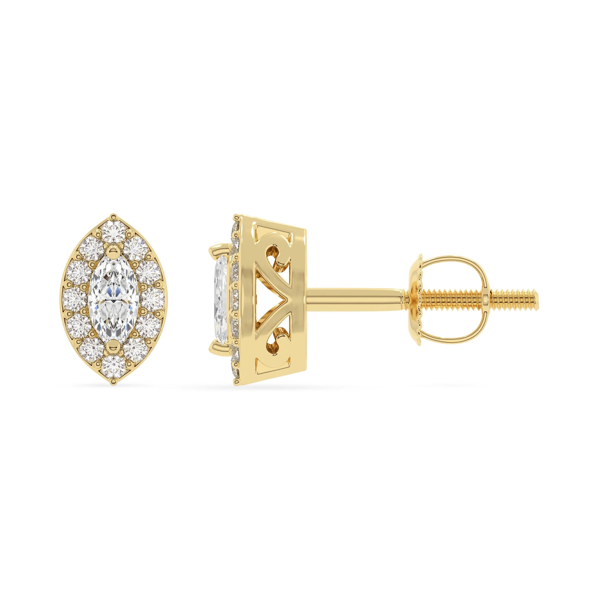 lab grown moissanite marquise stud earrings in yellow gold 