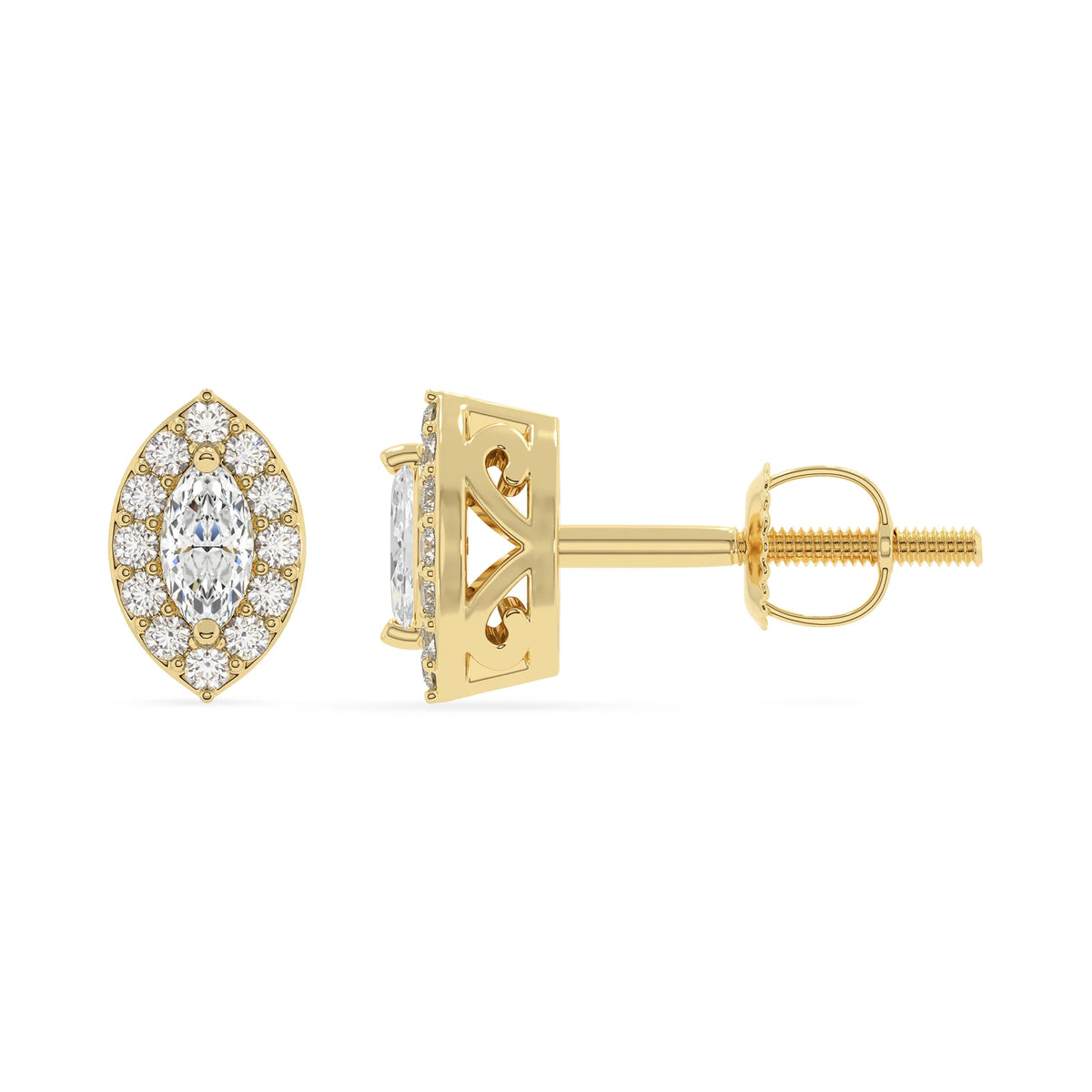 lab grown moissanite marquise stud earrings in yellow gold 