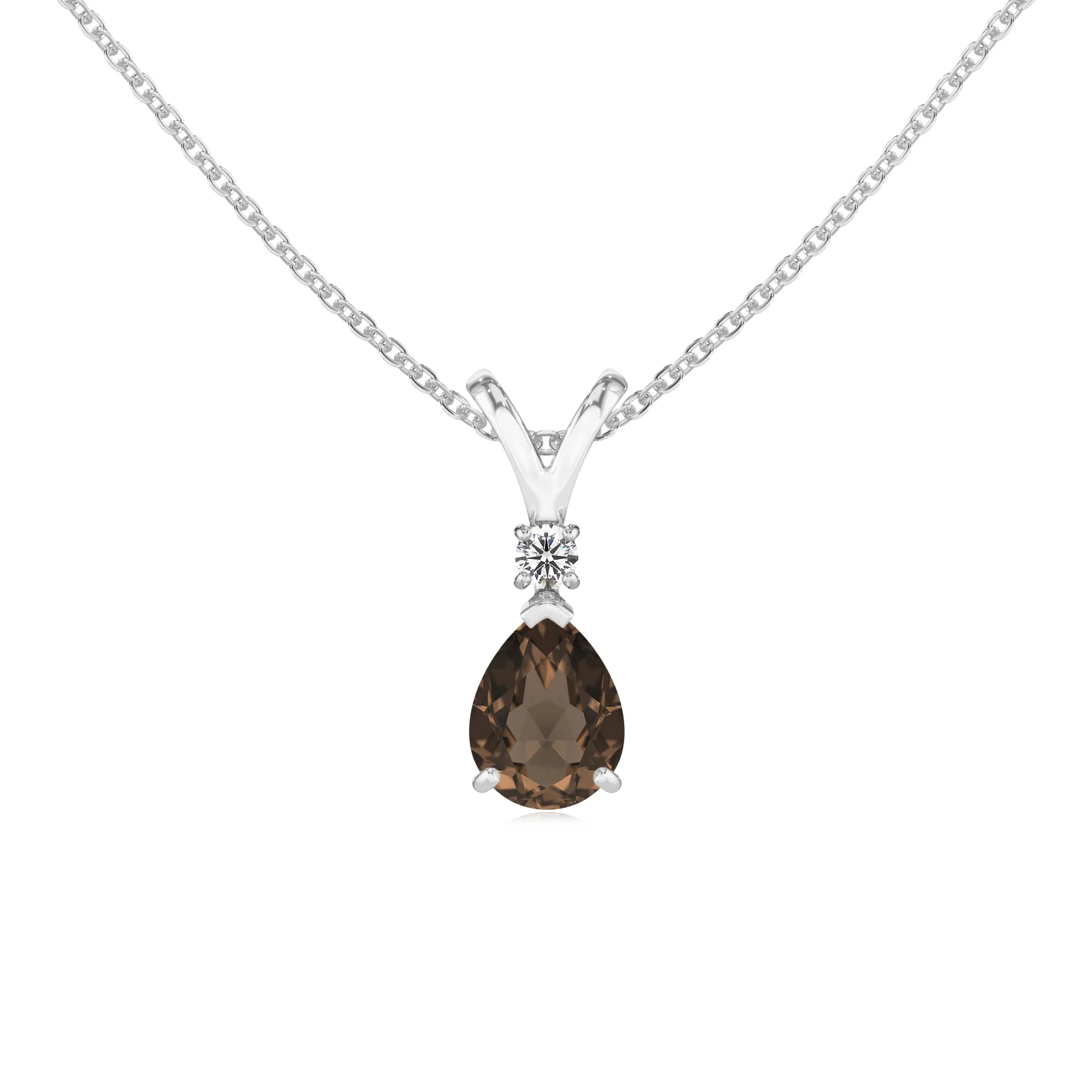 natural smoky-quartz pear solitaire v-bale necklaces in white gold 