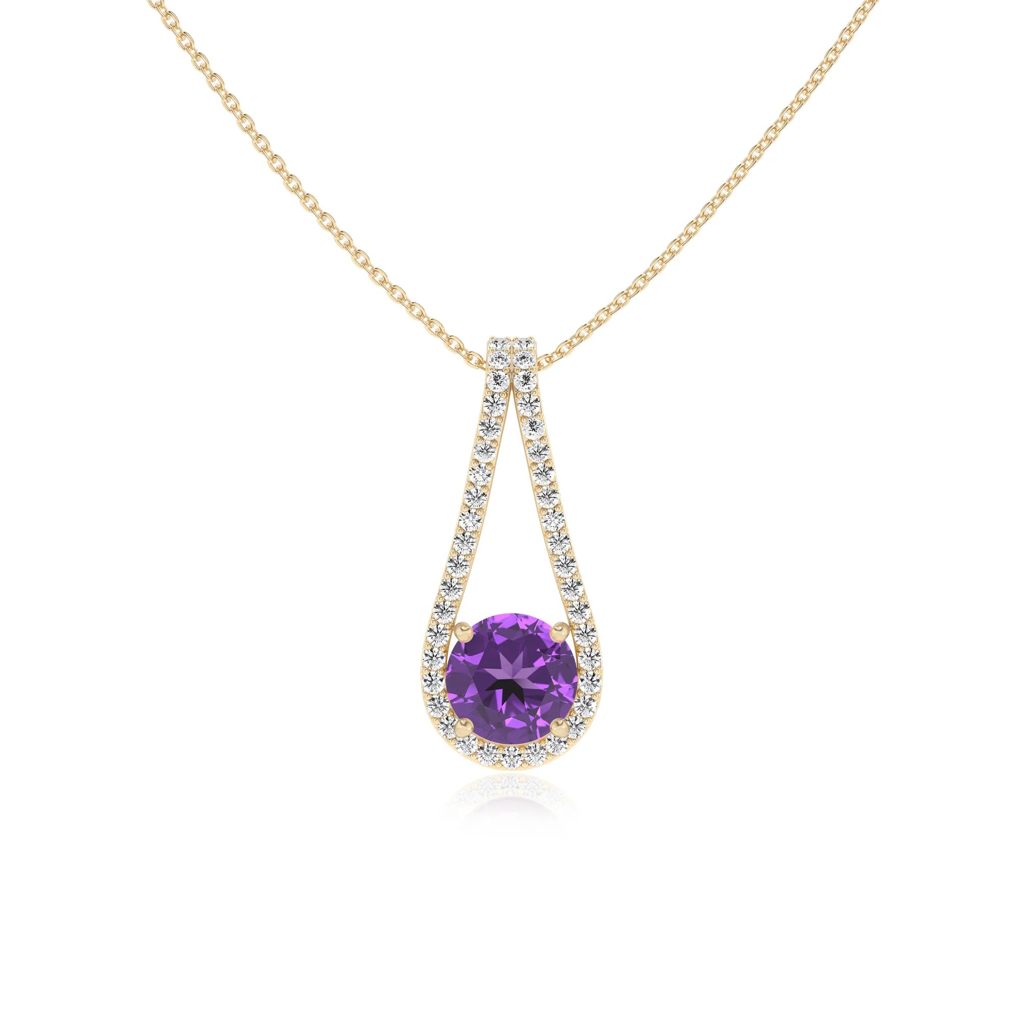 lab grown amethyst round solitaire v-bale necklaces in yellow gold 