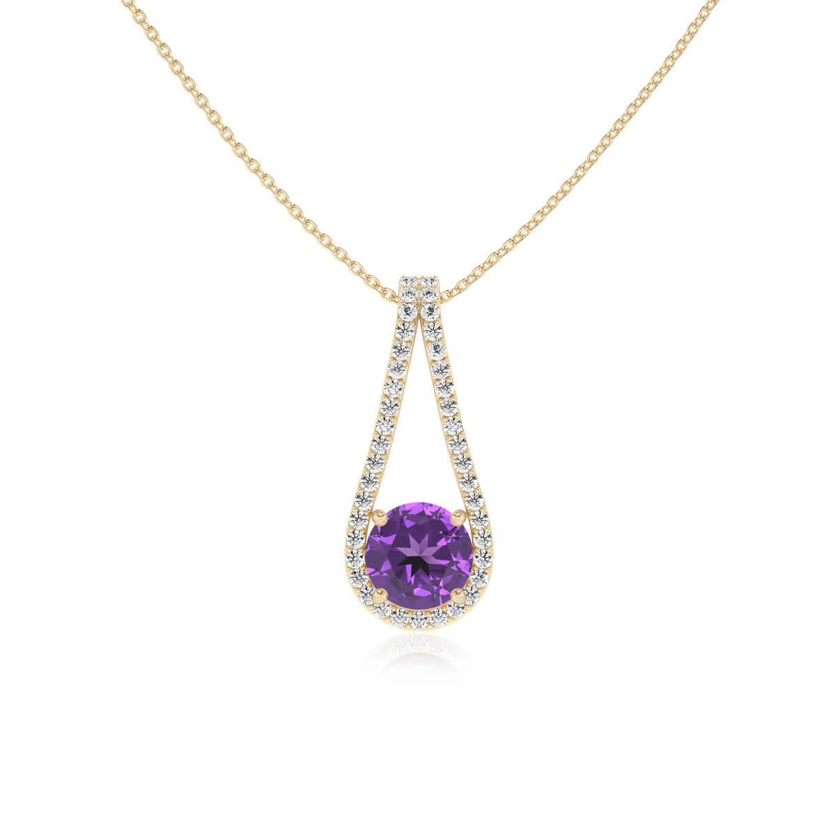 lab grown amethyst round solitaire v-bale necklaces in yellow gold 
