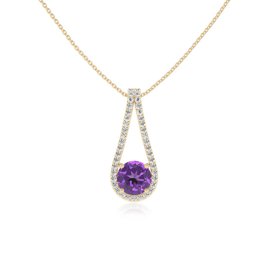 lab grown amethyst round solitaire v-bale necklaces in yellow gold 