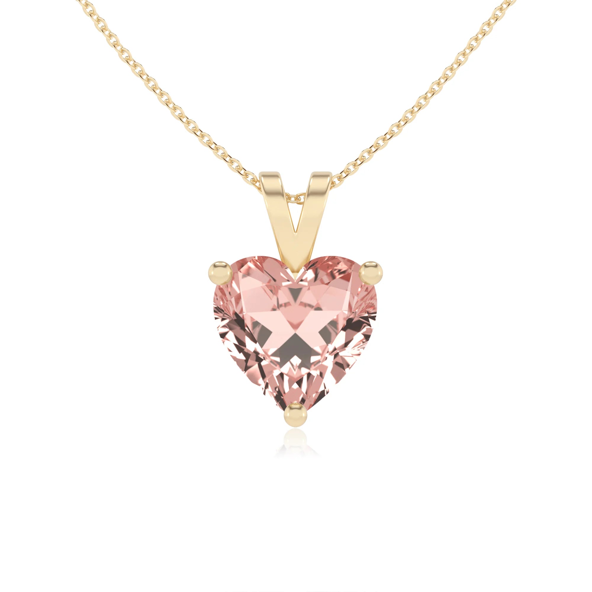 lab grown morganite heart solitaire v-bale necklaces in yellow gold 