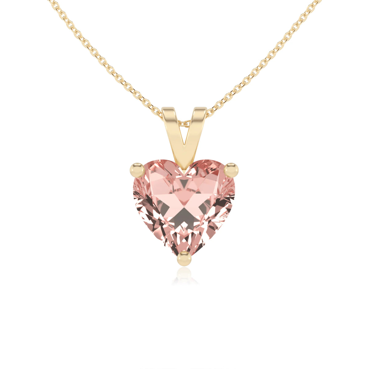 lab grown morganite heart solitaire v-bale necklaces in yellow gold 