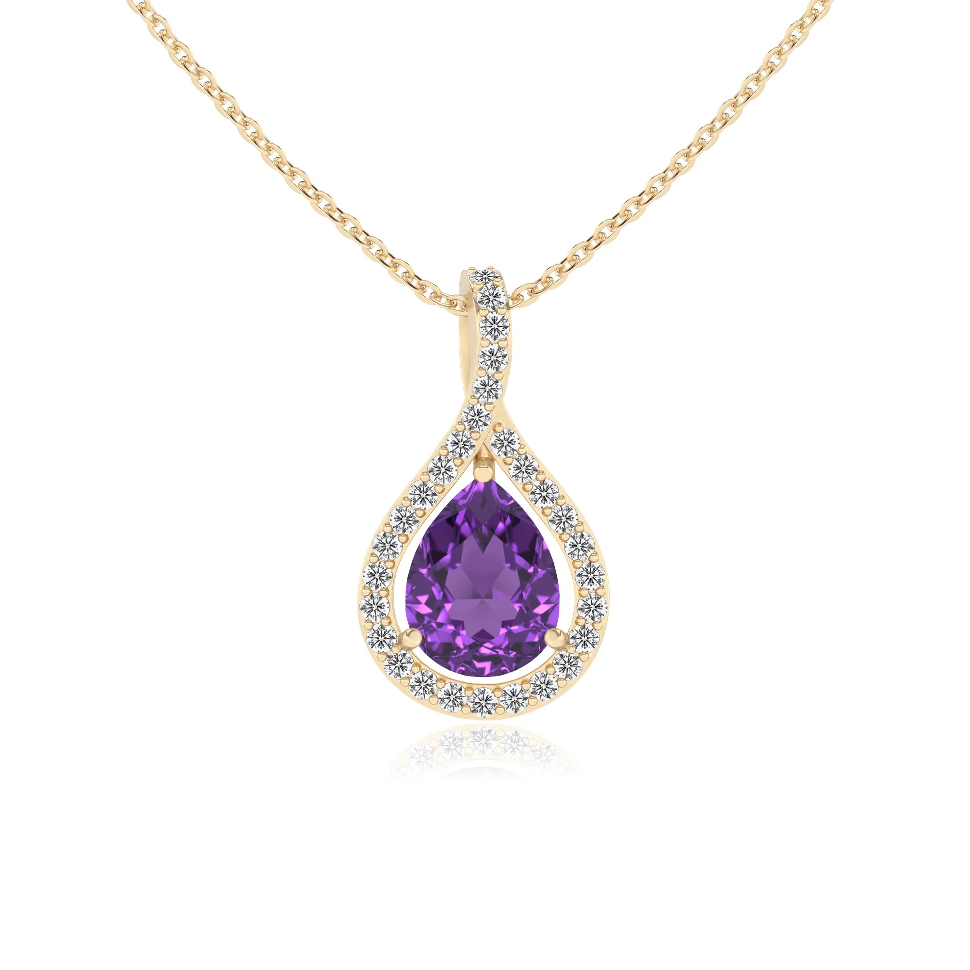 lab grown amethyst pear solitaire necklaces in yellow gold 