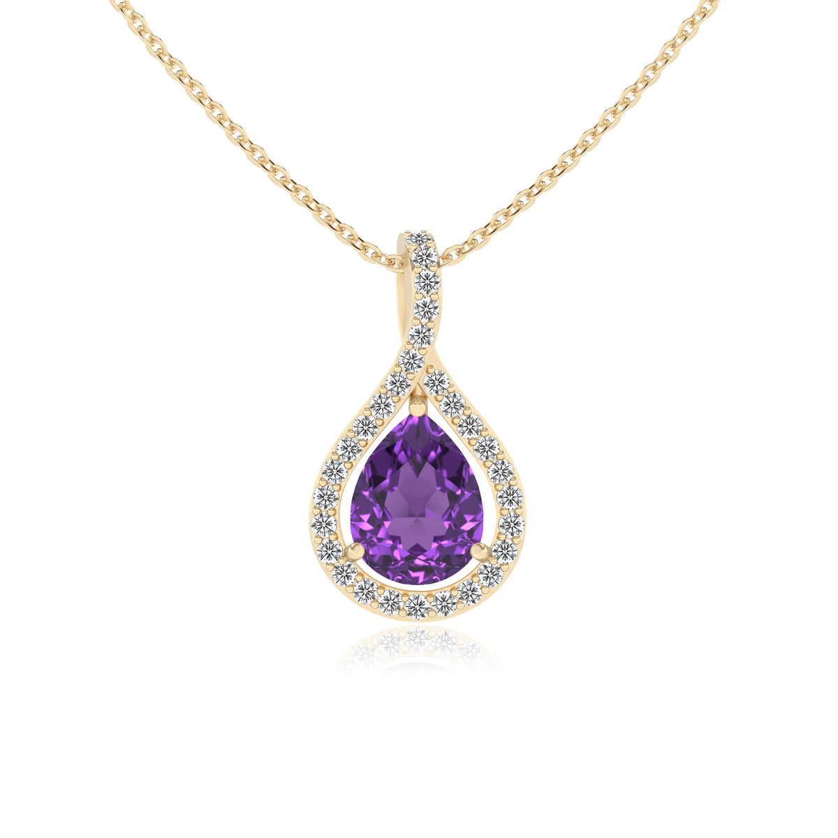 lab grown amethyst pear solitaire necklaces in yellow gold 