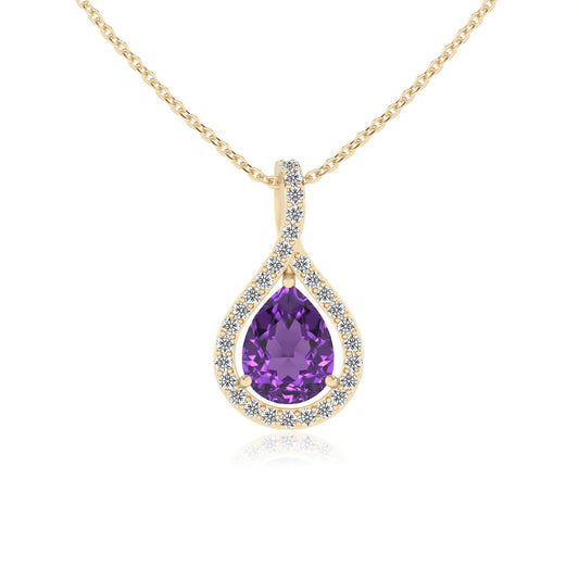 lab grown amethyst pear solitaire necklaces in yellow gold 
