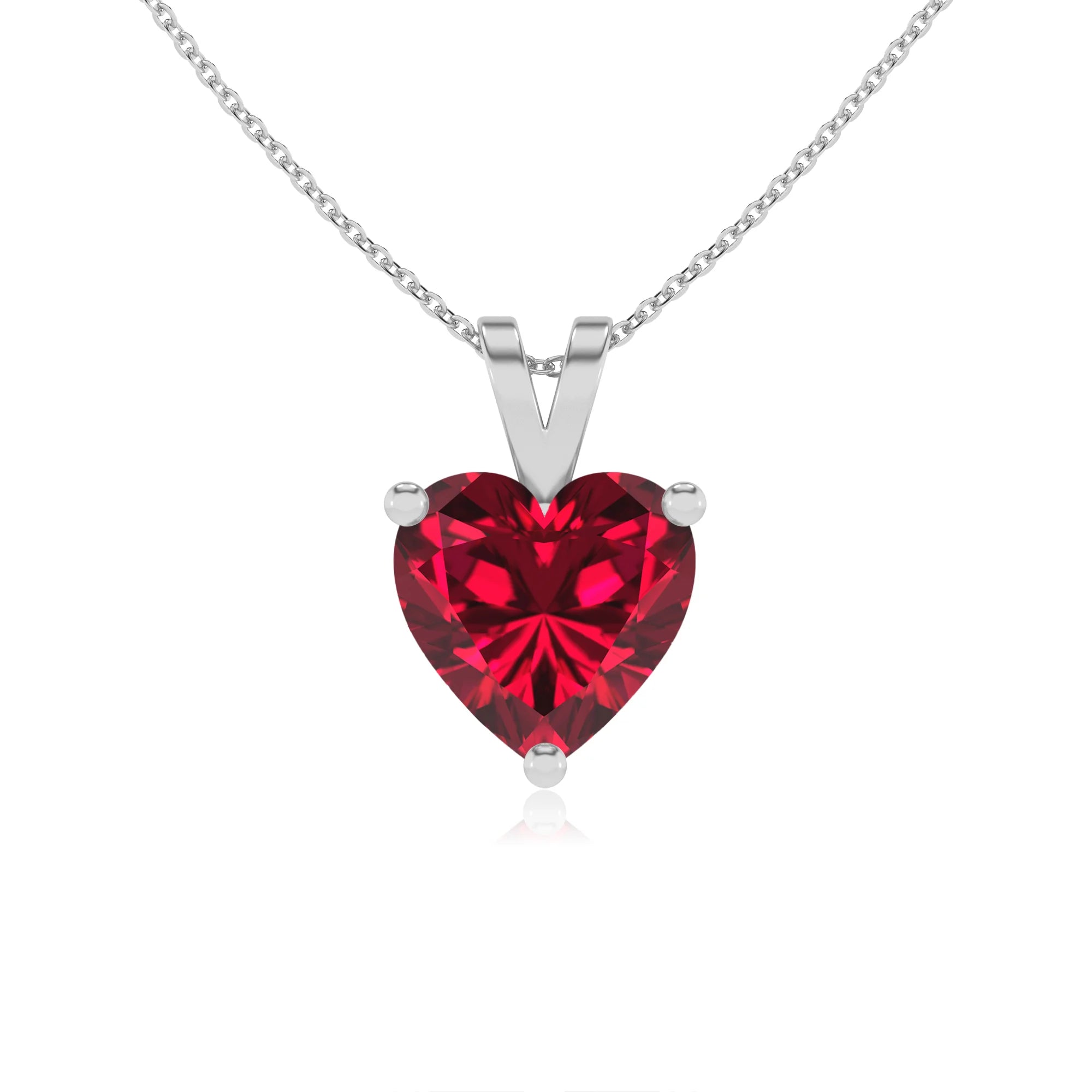 lab grown ruby heart solitaire v-bale necklaces in white gold 