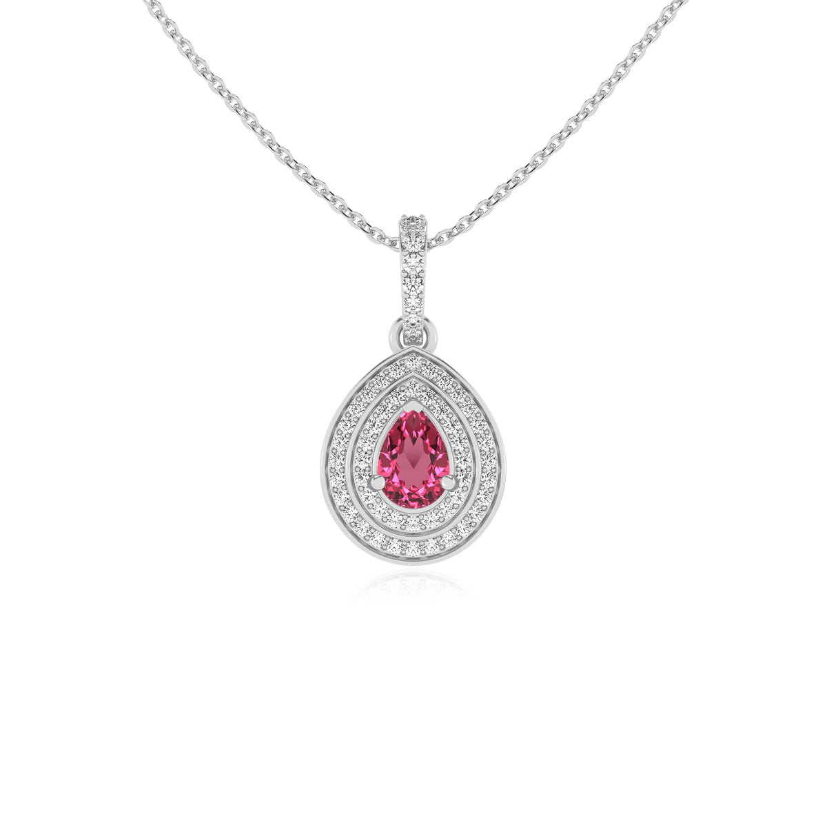 lab grown pink-tourmaline pear halo necklaces in sterling silver 