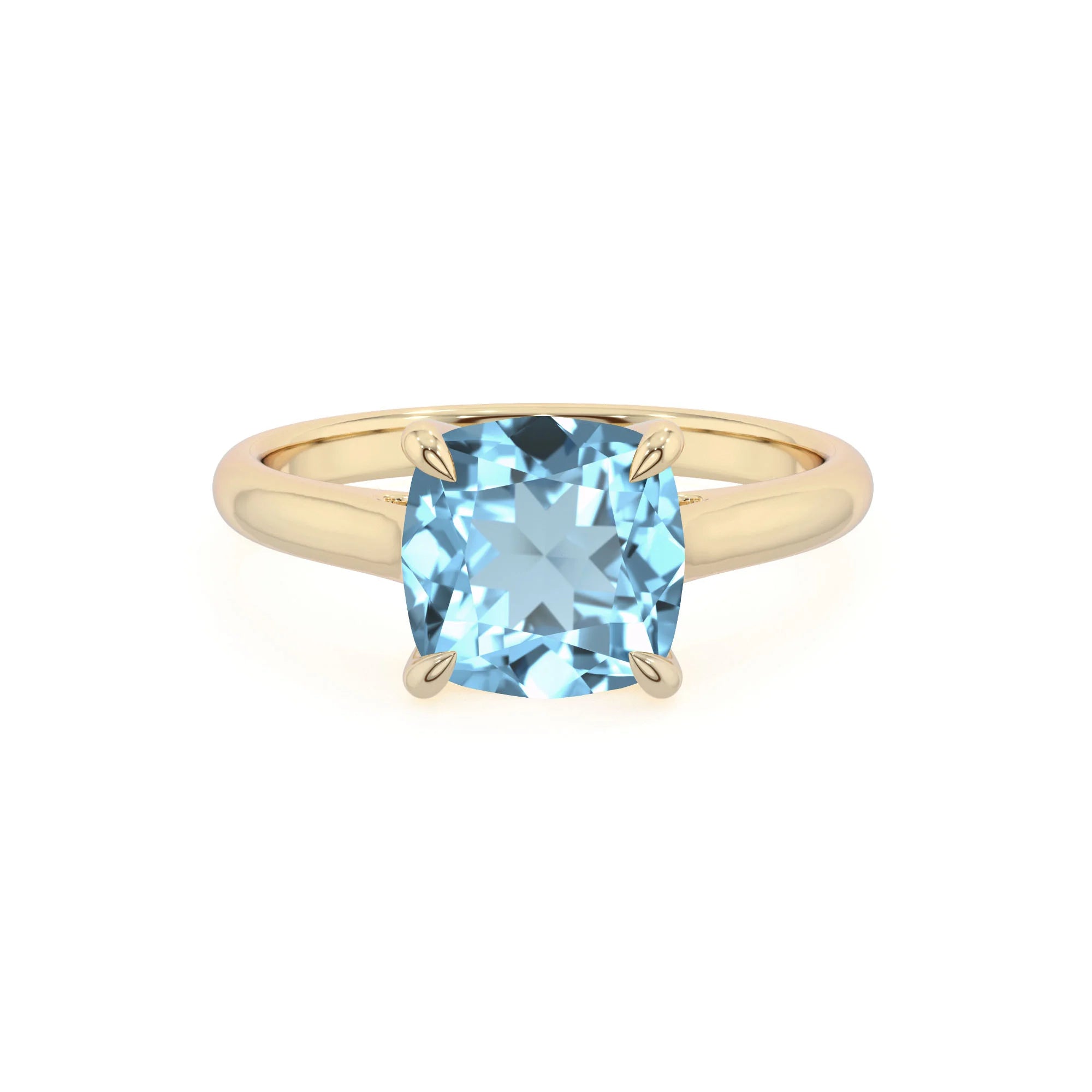lab grown aquamarine cushion solitaire rings in yellow gold 
