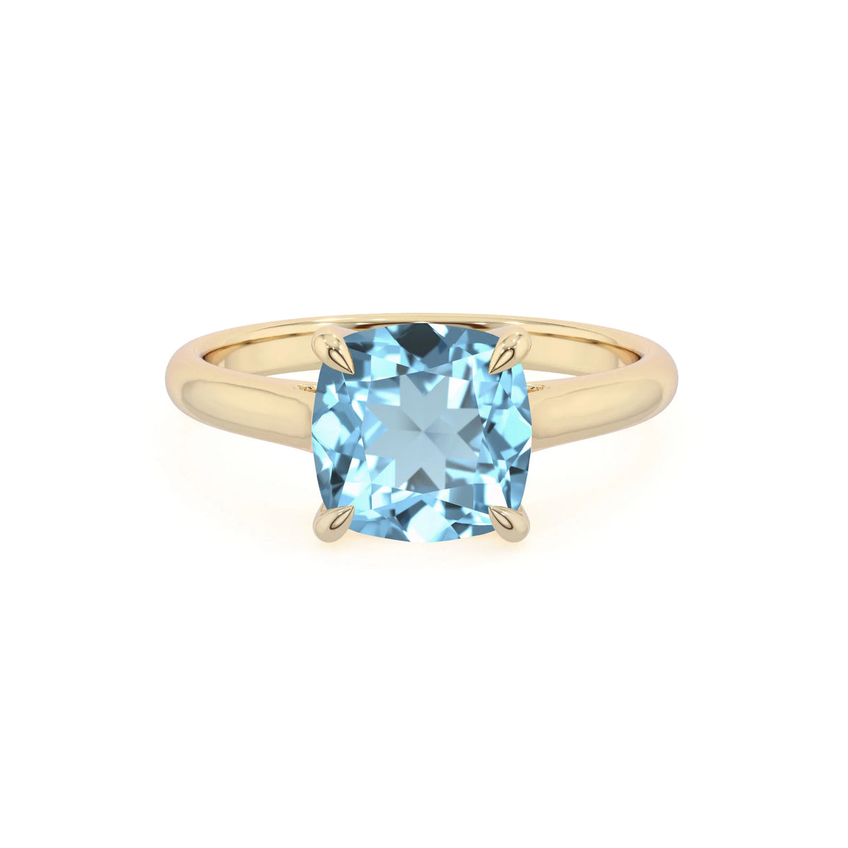 lab grown aquamarine cushion solitaire rings in yellow gold 