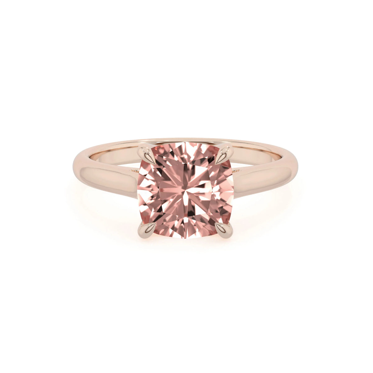 lab grown morganite cushion solitaire rings in rose gold 
