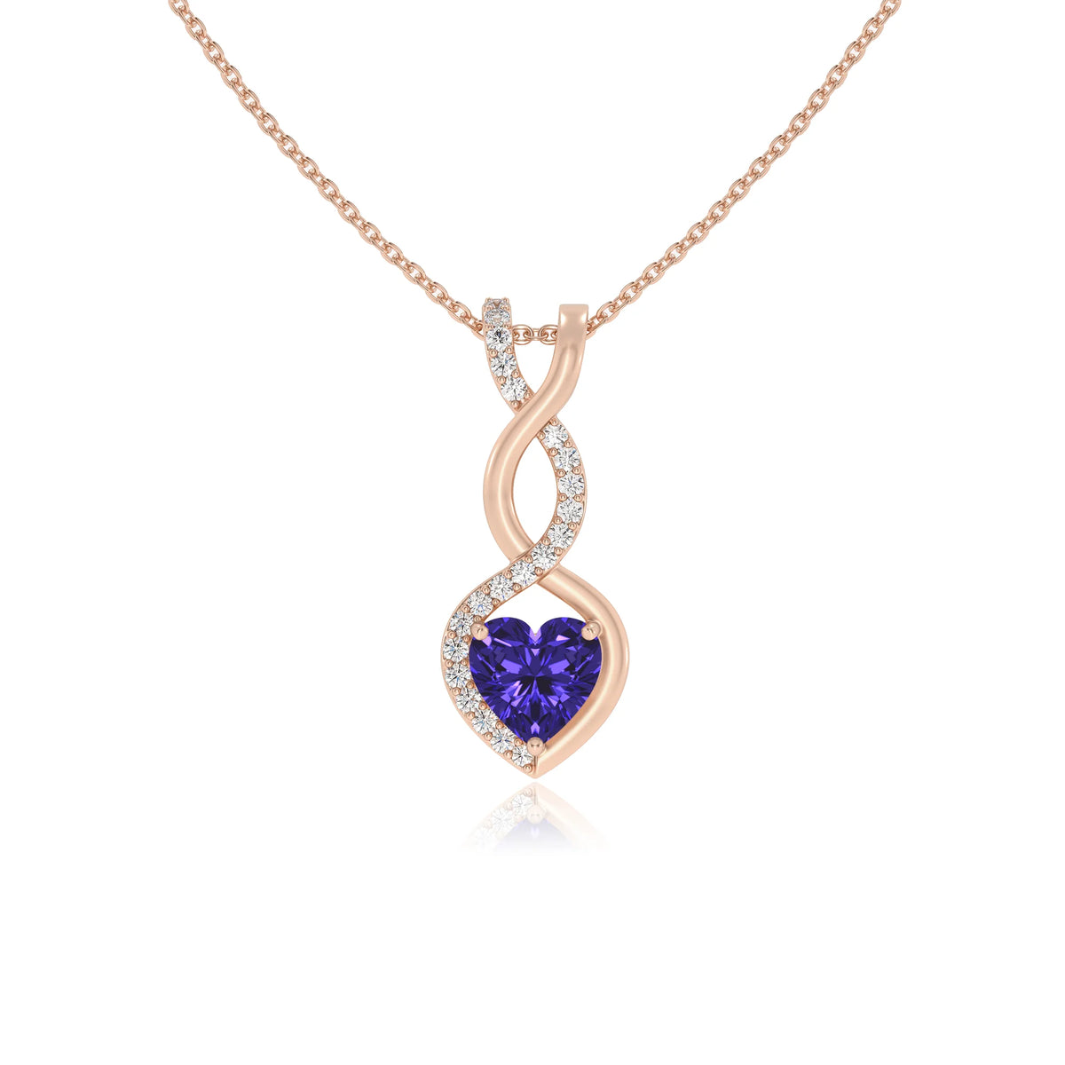 lab grown tanzanite heart infinity necklaces in rose gold 
