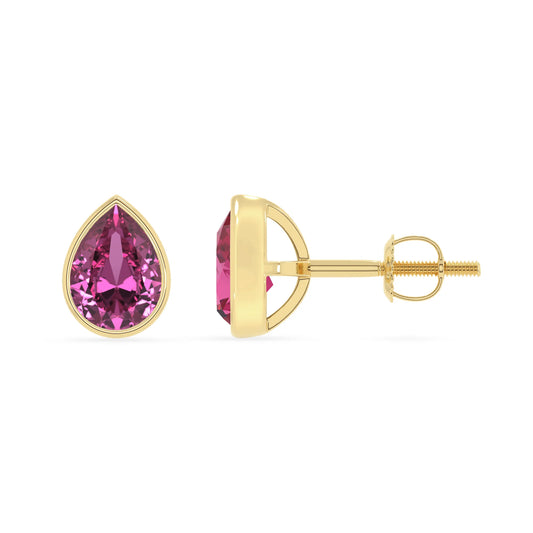 lab grown pink sapphire pear stud earrings in yellow gold 