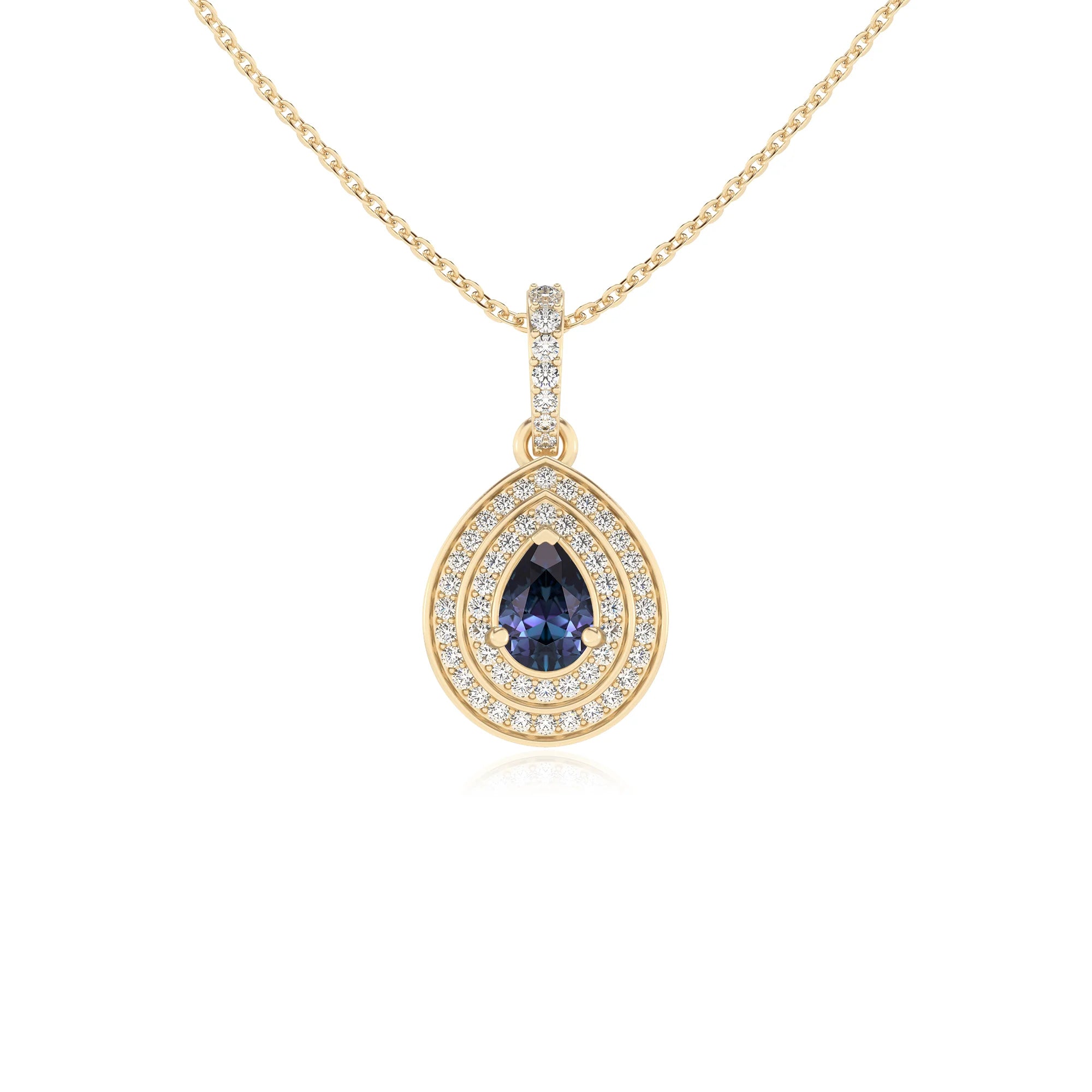 lab grown alexandrite pear halo necklaces in yellow gold 