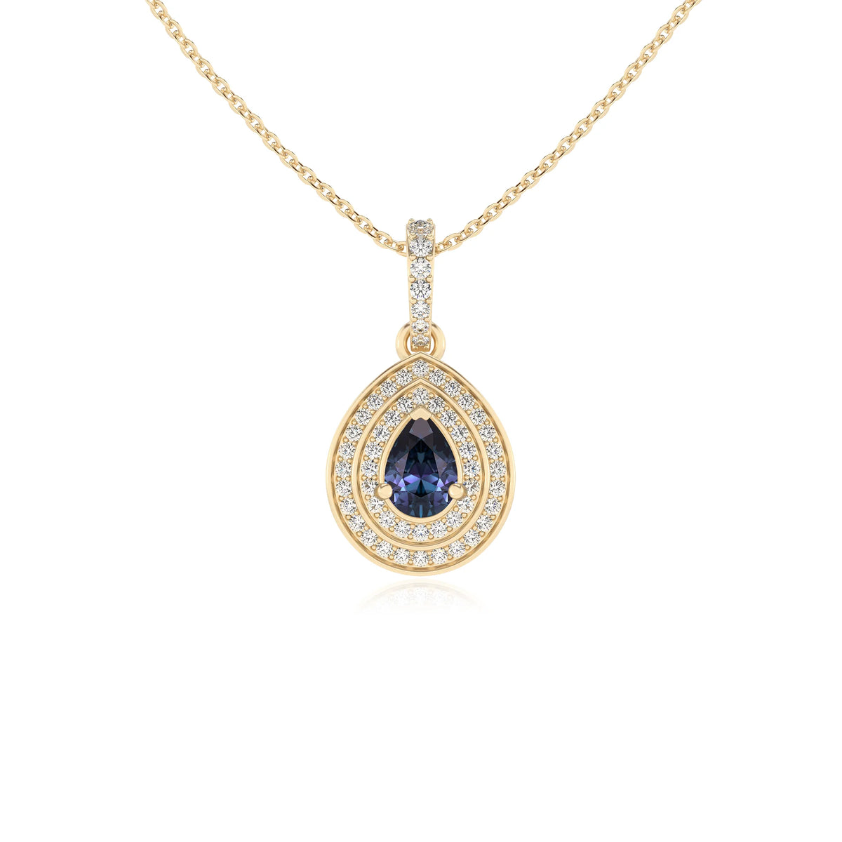 lab grown alexandrite pear halo necklaces in yellow gold 